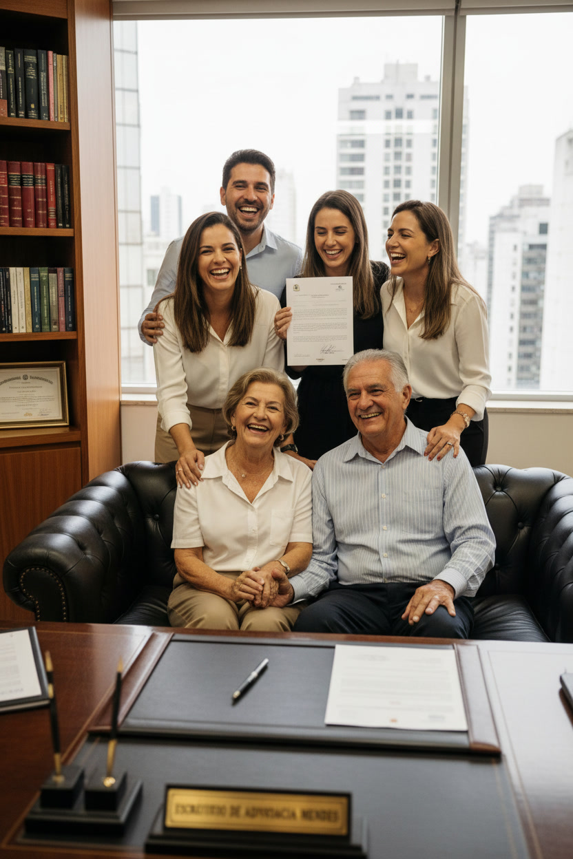Grupo sorridente de advogados e clientes no escritório Medeiros Gusmon Advocacia, celebrando a conquista com um documento em mãos.