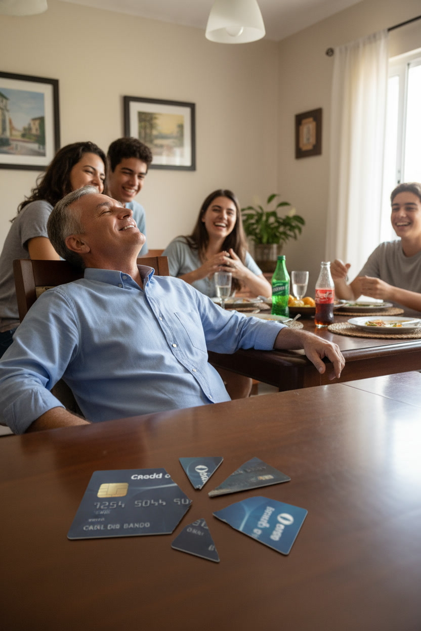 Um homem sorridente se diverte com sua família durante um jantar em casa, com cartões de crédito quebrados na mesa. Medeiros Gusmon Advocacia oferece suporte jurídico em situações financeiras.