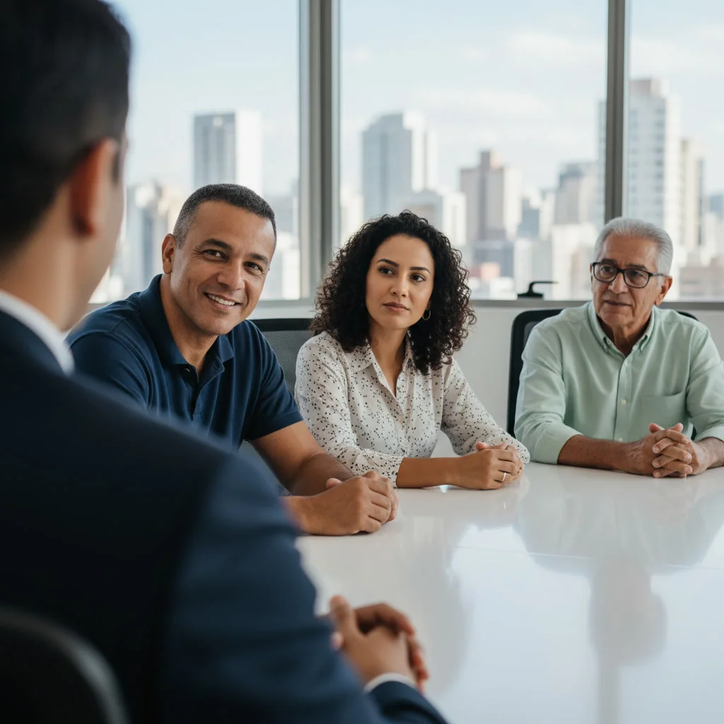 Grupo discutindo estratégia jurídica em sala de reuniões, Medeiros Gusmon Advocacia oferece consultoria especializada em Curitiba.