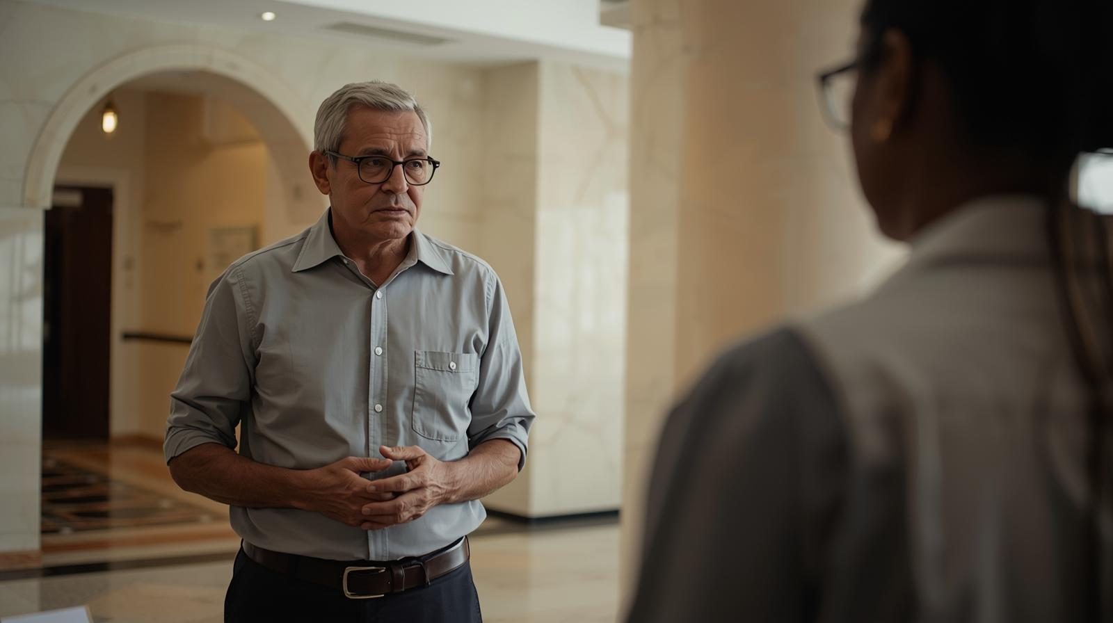 Um advogado experiente está conversando em um escritório moderno. Medeiros Gusmon Advocacia oferece serviços jurídicos em Curitiba.