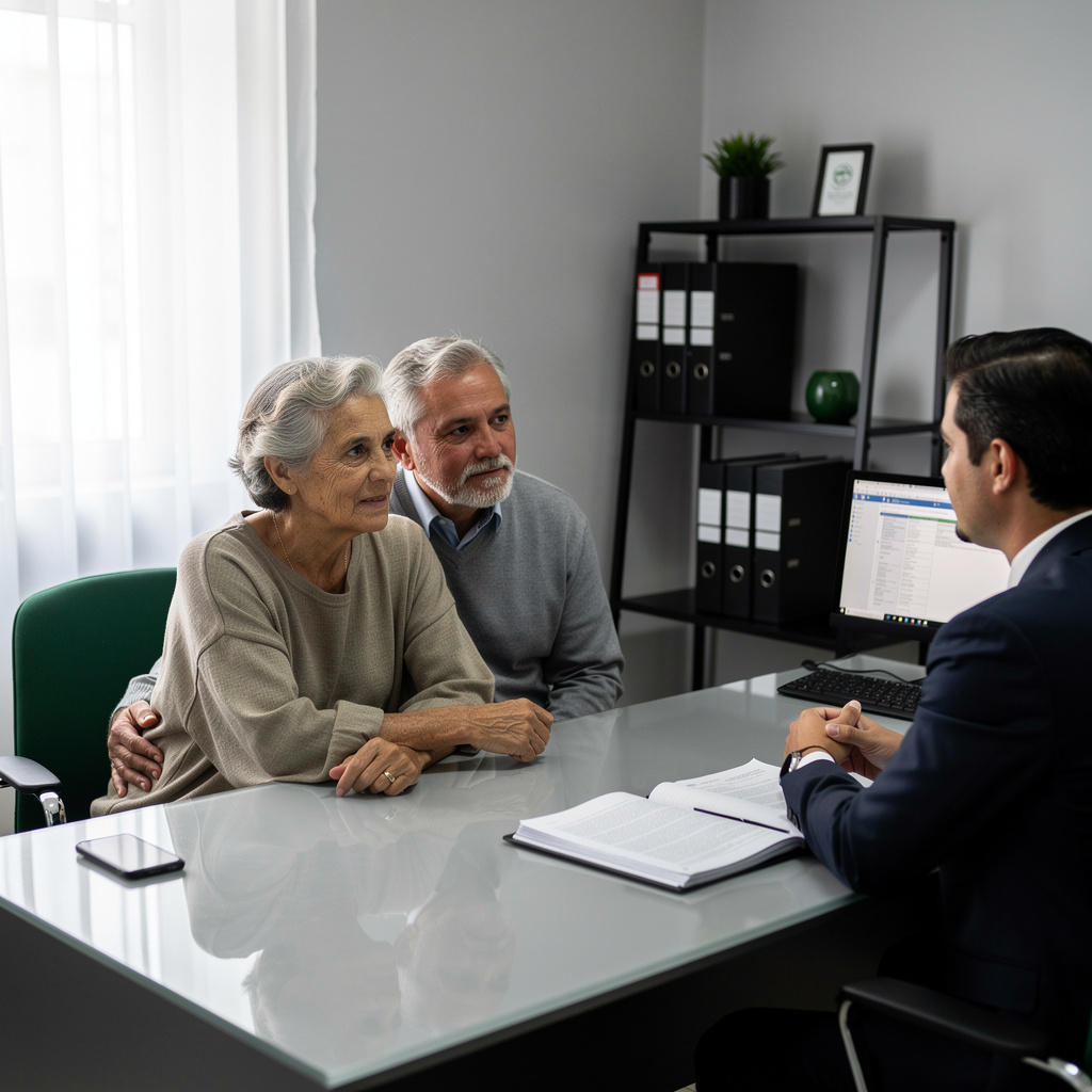 Casal de idosos em consulta com advogado no escritório de advocacia Medeiros Gusmon Advocacia em Curitiba, discutindo assuntos legais com um profissional.