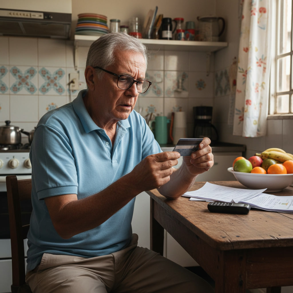 Um homem idoso, com óculos, está sentado à mesa de uma cozinha, olhando atentamente para um cartão de crédito. A cena retrata a importância da gestão financeira em casa. Medeiros Gusmon Advocacia oferece serviços de consultoria jurídica para ajudar na segurança financeira.